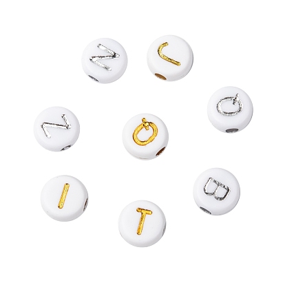 Plating Acrylic Beads, Metal Enlaced, Mixed Letters, Flat Round