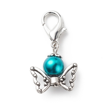 Baking Painted Pearlized Glass Pearl Round Bead Pendant Decorations, with Alloy Lobster Claw Clasps and Butterfly Beads