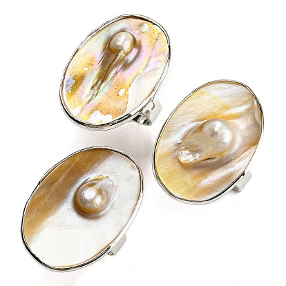 Freshwater Shell with Pearl Adjustable Finger Rings for Girl Women, Platinum Brass Rings, Round/Square/Teardrop/Oval