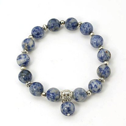 Bracelets de perles de pierre gemme de mode, bracelets élastiques, avec des perles anciennes en alliage d'argent, 55mm