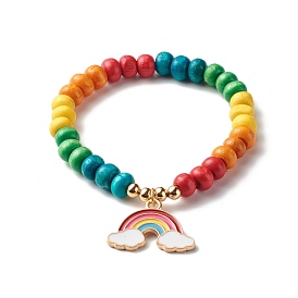 Cute Rainbow Alloy Enamel Charm Bracelet for Kid, Dyed Natural Wood Beads Stretch Bracelet for Gift