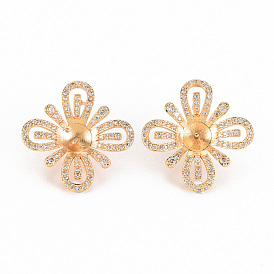 Brass Micro Pave Clear Cubic Zirconia Stud Earring Findings, for Half Drilled Bead, Nickel Free, Flower