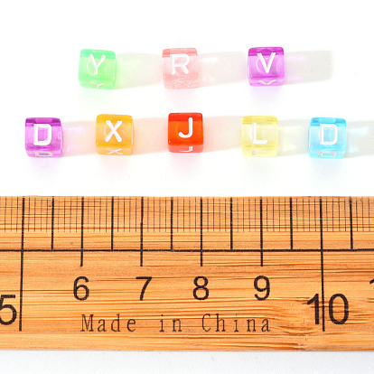Mixed Color Transparent Acrylic Beads, Cube with White Letter