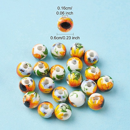 Handmade Porcelain Beads, Round with Sunflower Pattern