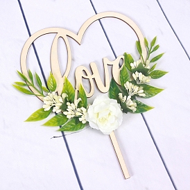 Heart with Word Love Wood Cake Toppers, Cake Insert Cards, with Plastic Flower &Leaf, for Wedding Cake Decoration