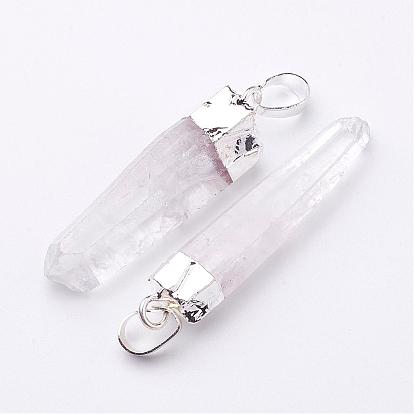 Natural Quartz Crystal Pendants, Rock Crystal, with Brass Findings, Nugget, 30~75x5~15mm, Hole: 8x5mm
