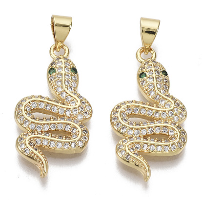 Brass Micro Pave Cubic Zirconia Pendants, with Brass Snap On Bails, Nickel Free, Snake, Clear & Green