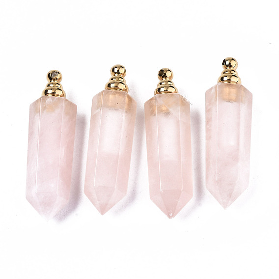 Faceted Gemstone Pendants, Openable Perfume Bottle, with Golden Tone Brass Loops, Hexagonal Prisms
