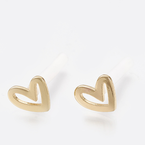 Boucles d'oreilles en laiton de goujon, réel 18 k plaqué or, avec broches en argent brut (non plaqué) et protecteur en plastique, cœur