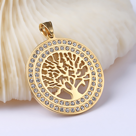 304 Stainless Steel Pendants, with Rhinestones, Flat Round with Tree of Life, 43.5x40x3mm, Hole: 5.5x8.5mm