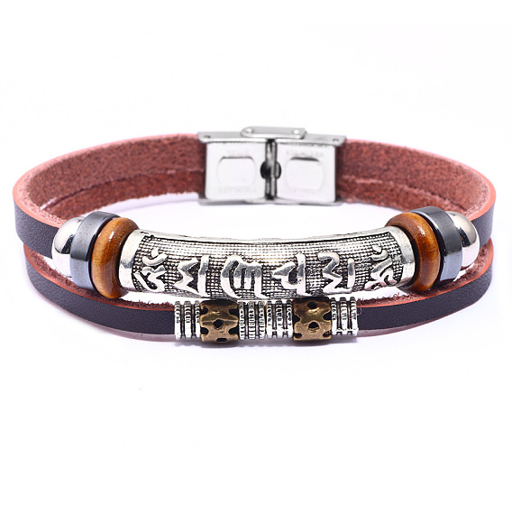 Leather Cord Multi-strand Bracelets, with Synthetic Hematite, Alloy Findings and Stainless Steel Clasps, Om Mani Padme Hum