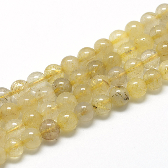 Natural Gold Rutilated Quartz Beads Strands, Dyed, Round
