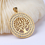 304 Stainless Steel Pendants, with Rhinestones, Flat Round with Tree of Life, 43.5x40x3mm, Hole: 5.5x8.5mm