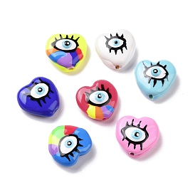 Enamel Beads, with ABS Plastic Imitation Pearl Inside, Heart with Evil Eye