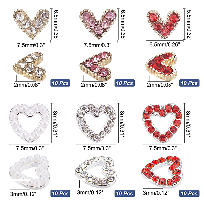 CHGCRAFT 60Pcs 6 Style Alloy Rhinestone Cabochons, Heart, for Nail Art Studs and Nail Art Decoartion Accessories