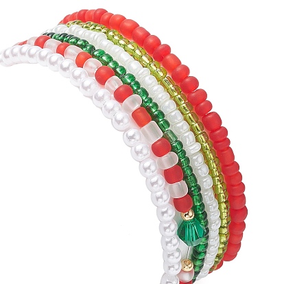 6 pcs 6 ensemble de bracelets extensibles en perles de verre de style, arbre de noël et flocon de neige et canne en bonbon alliage émail charmes bracelets empilables pour les femmes