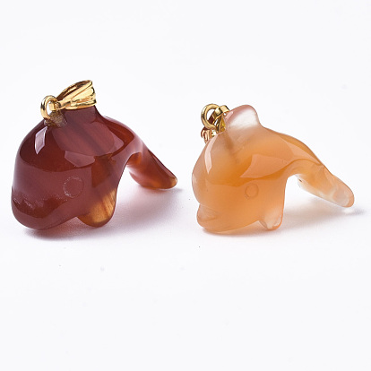Natural Agate Pendants, with Golden Plated Metal(Brass or Iron Materials Random Delivery) Snap On Bails, Dyed, Dolphin