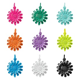 9Pcs 9 Colors Spray Painted Brass Pendants, with Jump Rings, Sunflower