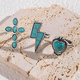 3 pcs 3 ensembles de bagues turquoise synthétiques de style pour femmes, anneaux empilables en alliage, formes mixtes