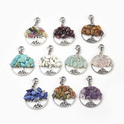 Ensembles de décorations pendantes, perles de gravillons mélangées synthétiques / naturelles avec pendentifs en alliage, accessoires en acier inoxydable, arbre de la vie, argent antique et la couleur de l'acier inoxydable