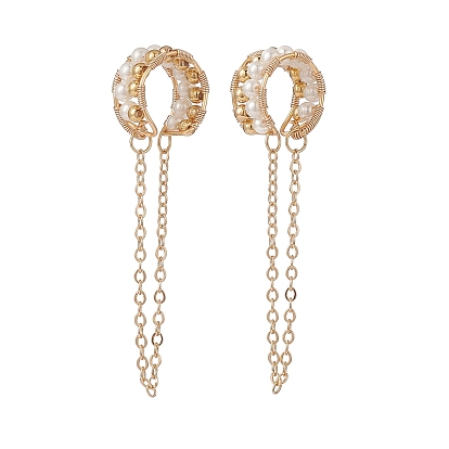 Shell Pearl Beaded Cuff Earrings, Brass Chain Tassel Wire Wrap Chunky Earrings for Women