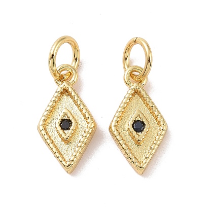 Rack Plating Brass Micro Pave Black Cubic Zirconia Charms, with Jump Ring, Long-Lasting Plated, Cadmium Free & Lead Free, Rhombus