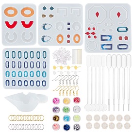 Kits de moldes de silicona para pendientes geométricos y con forma de letra de bricolaje, fabricación de joyas de resina, Incluye ganchos de latón para pendientes y ajustes de pendientes de botón y tuercas de plástico