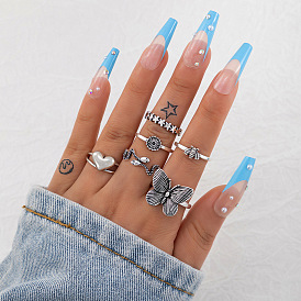 Retro Butterfly Bee Heart Ring Set & Snake Zodiac 6-Piece Ring Collection