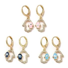 Hamsa Hand with Evil Eye Real 18K Gold Plated Brass Dangle Leverback Earrings, with Enamel & Cubic Zirconia