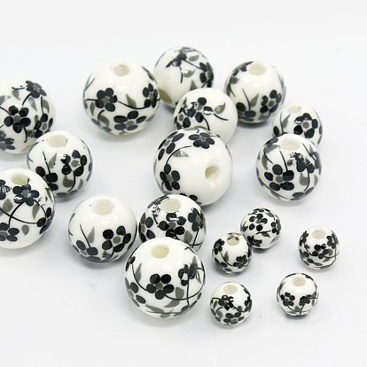 Perles à la main fleurs imprimé en porcelaine, ronde, 6~12mm, Trou: 2mm