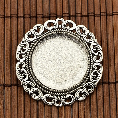 25mm Transparent Glass Cabochons and Flat Round Tibetan Style Brooch Cabochon Settings, Cadmium Free & Nickel Free & Lead Free, Cabochon Settings: 39mm, Tray: 25mm, Pin: 0.8mm