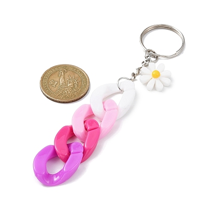 5pcs porte-clés chaîne gourmette en acrylique, avec breloque marguerite en résine et anneau porte-clés en fer