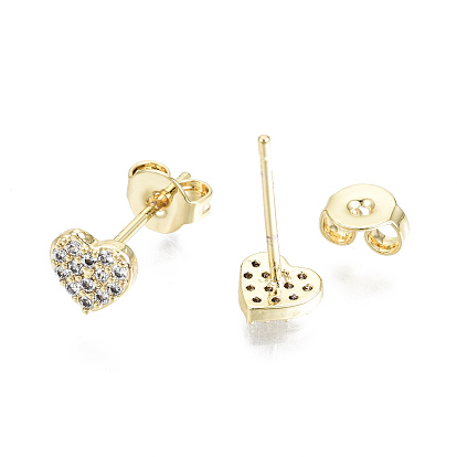 Brass Micro Pave Clear Cubic Zirconia Stud Earrings, with Ear Nuts, Nickel Free, Heart