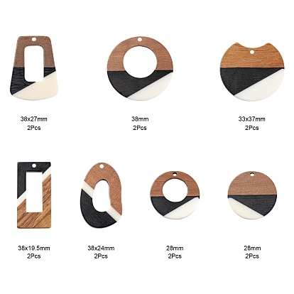 14Pcs 7 Style Resin & Walnut Wood Pendants, Rectangle & Trapezoid & Ring & Flat Round & Gap Flat Round