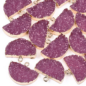 Electroplate Druzy Resin Semi Circle Pendants, with Iron Findings, Half Round, Light Gold