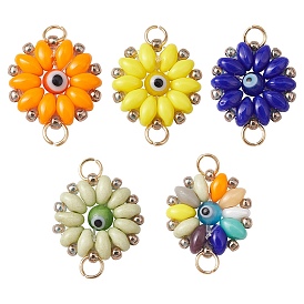 Glass & Lampwork Connector Charms, Evil Eye Flower Links with Golden Tone 304 Stainless Steel Double Loops