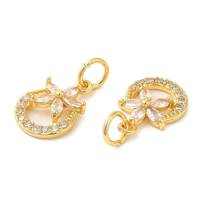 Rack Plating Brass Pave Clear Cubic Zirconia Ring Charms with Flower, Long-Lasting Plated, Lead Free & Cadmium Free, with Jump Ring