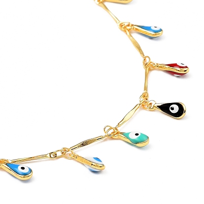 Teardrop with Evil Eye Pendant Necklaces, with Brass Enamel Bar Link Chains and 304 Stainless Steel Lobster Claw Clasps, Colorful