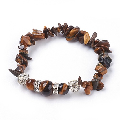 Natural Gemstone Stretch Bracelets, with Rhinestone Ball Beads and Brass Grade A Rhinestone Spacer Beads