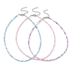 3Pcs 3 Color Glass Seed Beaded Necklaces Set, Zinc Alloy Jewelry