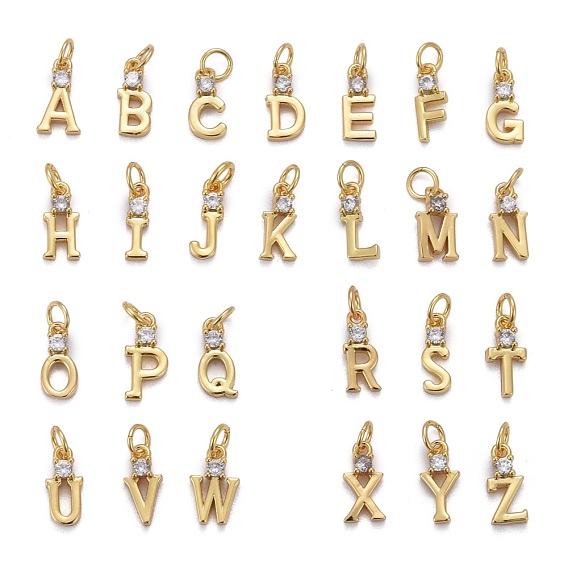 Brass Micro Pave Clear Cubic Zirconia Pendants, with Jump Ring, Long-Lasting Plated, Letter