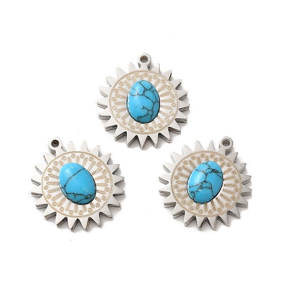 Synthetic Turquoise Pendants, Sun Charms, with 304 Stainless Steel Findings