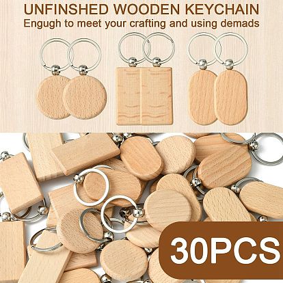 30 pcs 3 style rectangle/plat rond en bois vierge étiquettes gravables porte-clés, avec des anneaux de fer
