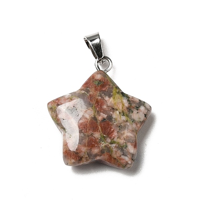 Gemstone Pendants, Star Charms, with Platinum Tone Stainless Steel