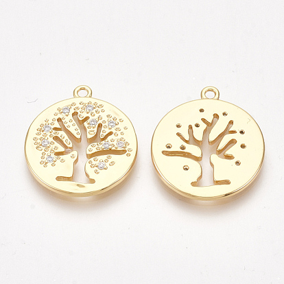 Brass Pendants, Nickel Free, Real 18K Gold Plated, with Cubic Zirconia, Nickel Free, Real 18K Gold Plated, Flat Round with Tree, Clear