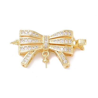 Brass Micro Pave Clear Cubic Zirconia Box Clasps, with Pin for Half Drilled Beads, Bowknot