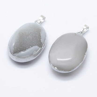 Oval Brass Natural Crystal Agate Pendants, Druzy Trimmed Stone, Silver Color Plated, 41x26x12.5mm, Hole: 5x7mm