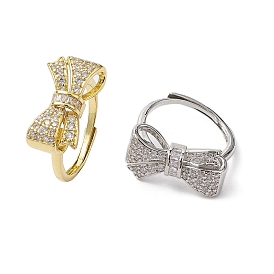 Rack Plating Brass Micro Pave Cubic Zirconia Adjustable Rings, Long-Lasting Plated, Lead Free & Cadmium Free, Bowknot
