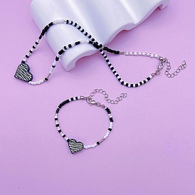 Minimalist Black and White Rice Bead Necklace with Heart Oil Drop Bracelet