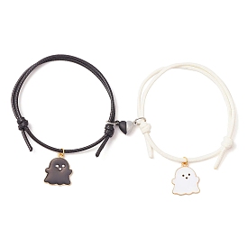2Pcs 2 Color Alloy Enamel Ghost Charm Bracelets Set, Magnetic Heart Couple Bracelets with Waxed Polyester